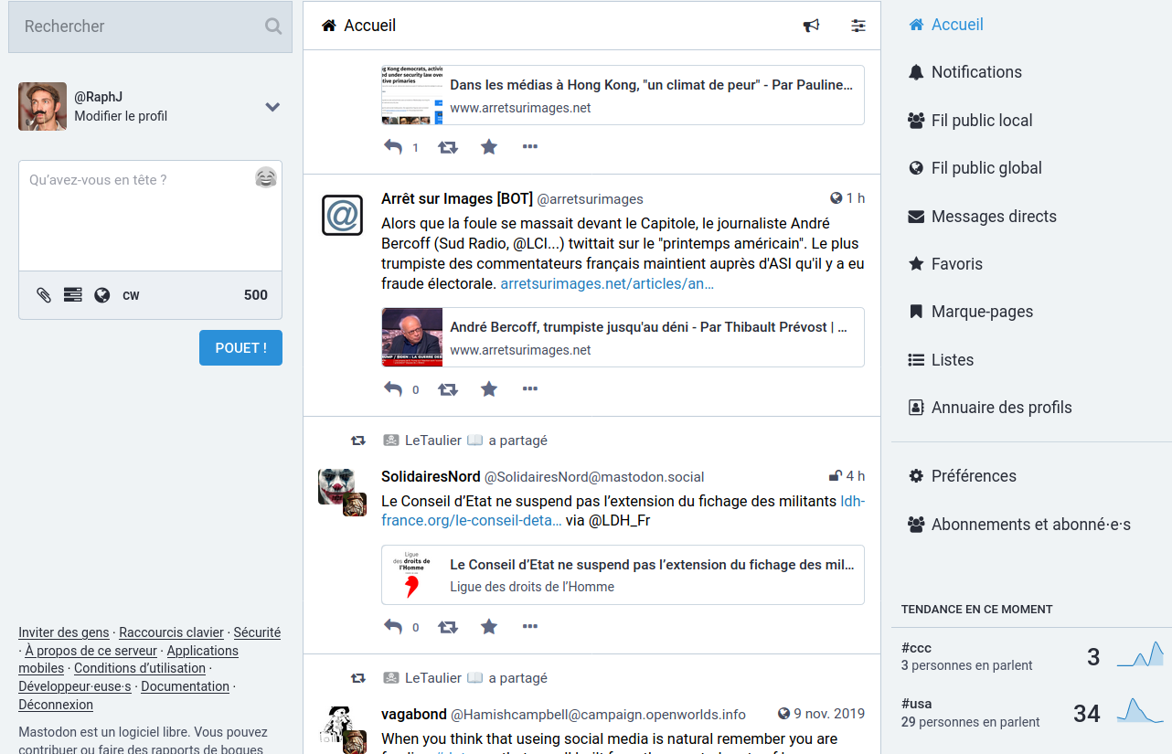 Interface de Mastodon